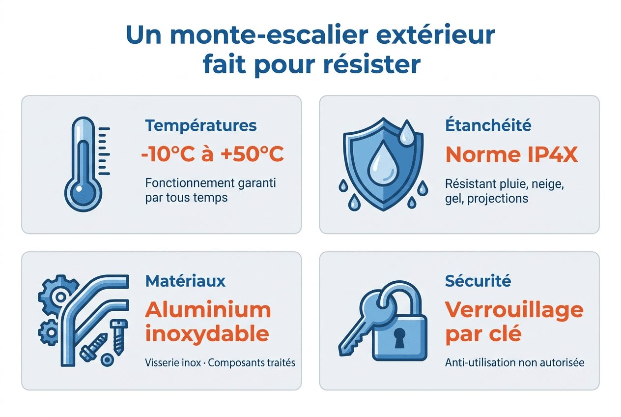 Caractéristiques techniques d'un monte-escalier extérieur : températures, étanchéité IP4X, matériaux, sécurité