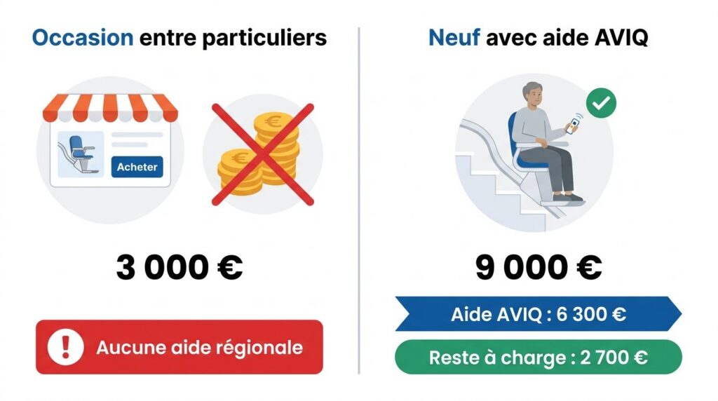 Comparaison du reste à charge : monte-escalier d'occasion à 3 000 € sans aide vs neuf à 9 000 € avec aide AVIQ