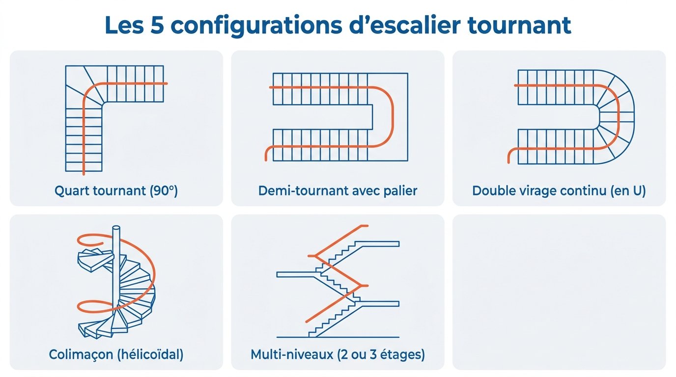 Les 5 configurations d'escalier tournant : quart tournant, demi-tournant, U, colimaçon, multi-étages