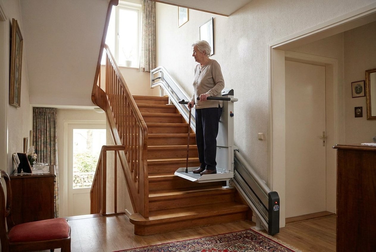 Personne âgée debout sur un monte-escalier installé dans un escalier en bois domestique