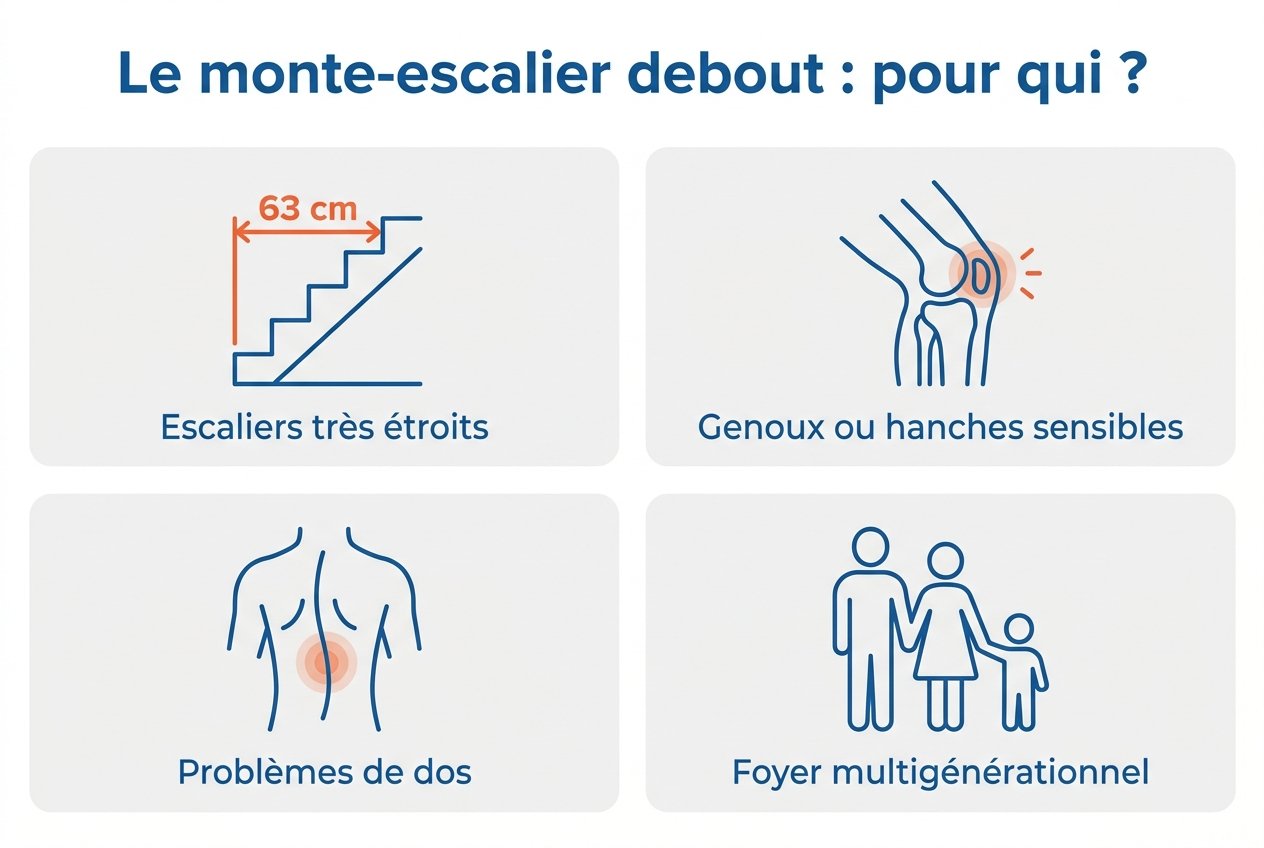 Les 4 profils types pour un monte-escalier debout : escaliers étroits, genoux sensibles, problèmes de dos, foyer multigénérationnel